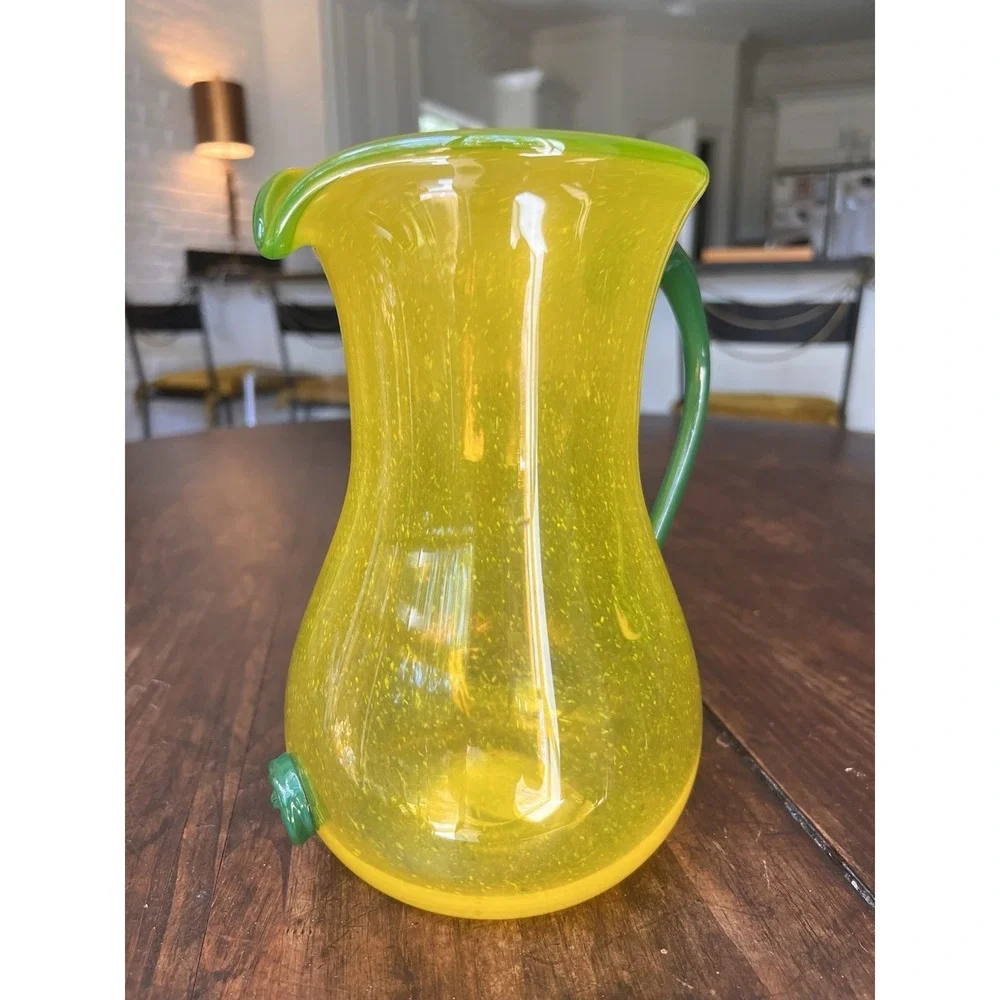 Vintage Blenko Style Yellow And‎ Green Glass Pitcher Hand Blown Art Deco MCM